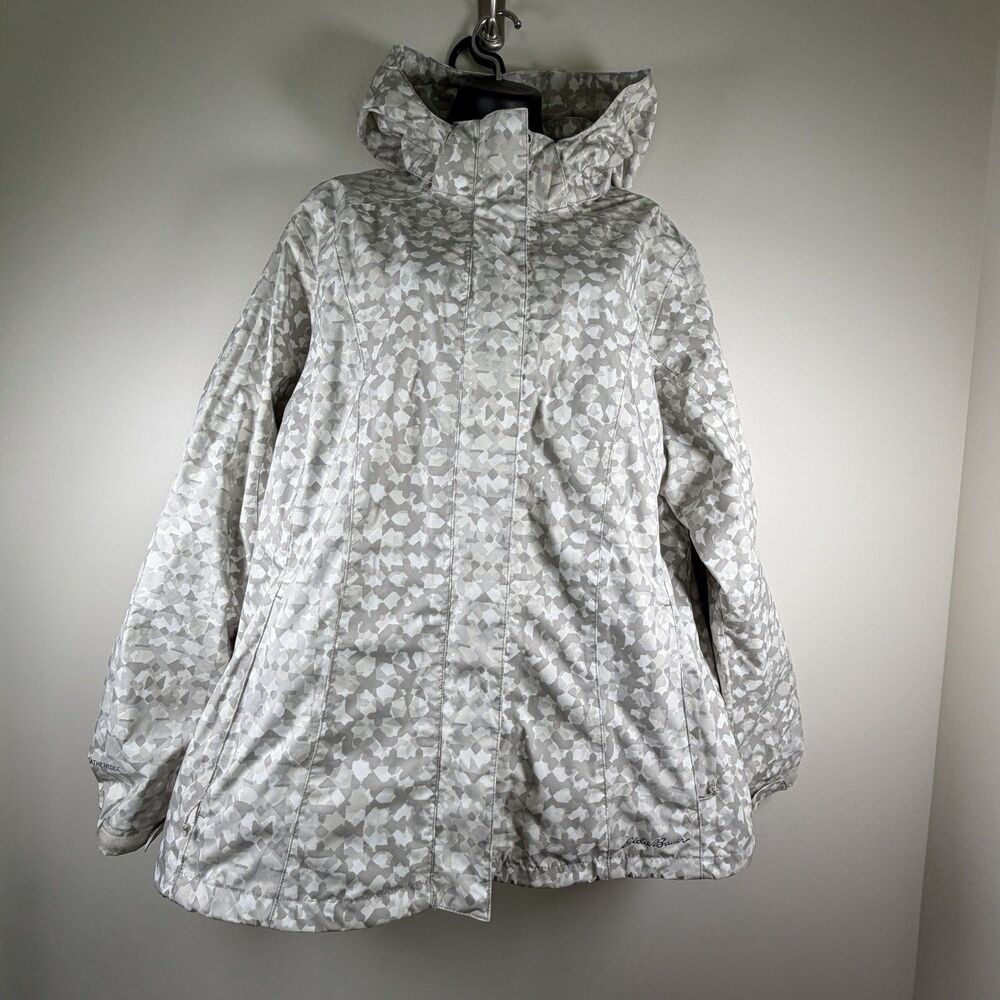 Eddie Bauer White Gray Camo Womens Rain Jacket Large Hiking Coat Zip Hood 2XL